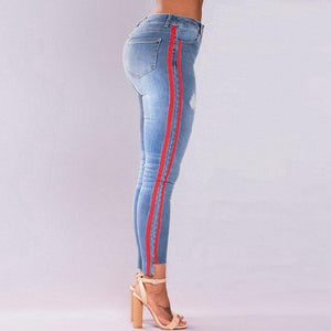 Red Stripes Patch Jeans-Women's Jeans-📸 #CrayeLabel-Blue-S-CrayeLabel.com